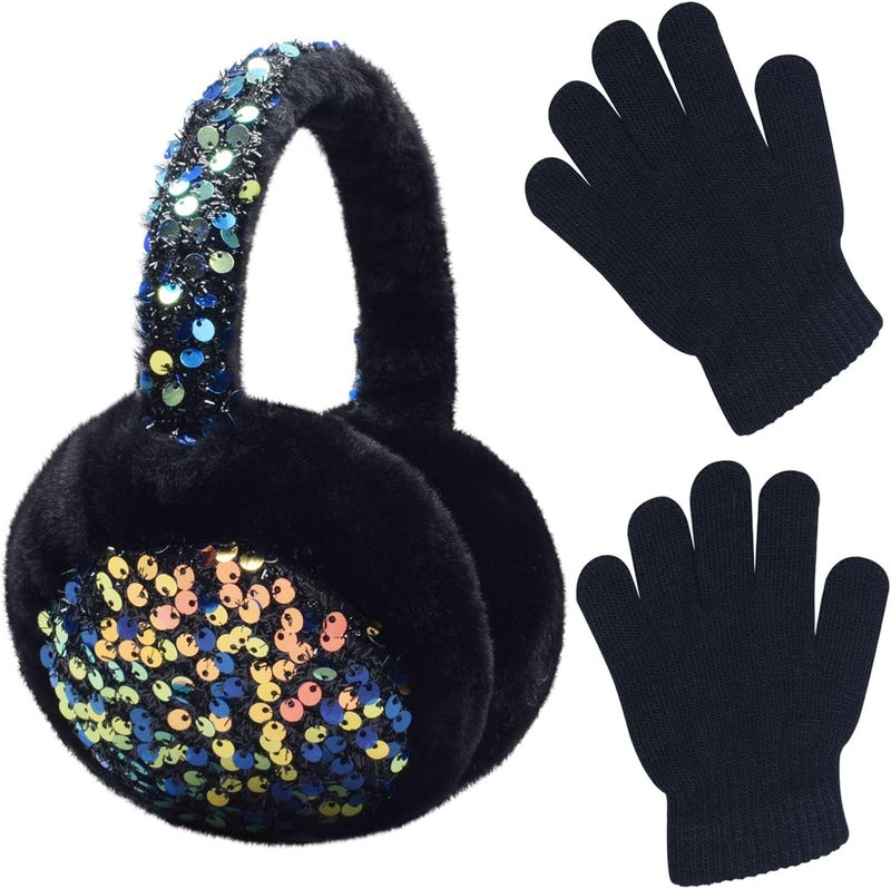 FYBW Ear Muffs Gloves Set for Kids, Winter Adjustable Sequins Warm Earmuffs for Kids Outdoor Cold Weather - Image 1